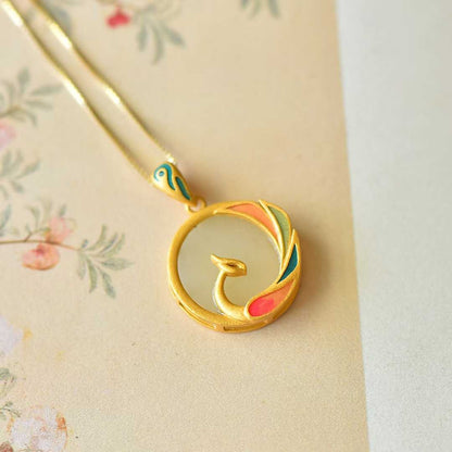925 Silver Inlaid Nephrite "Phoenix Looking Back" Pendant - jewelry - weilin.com