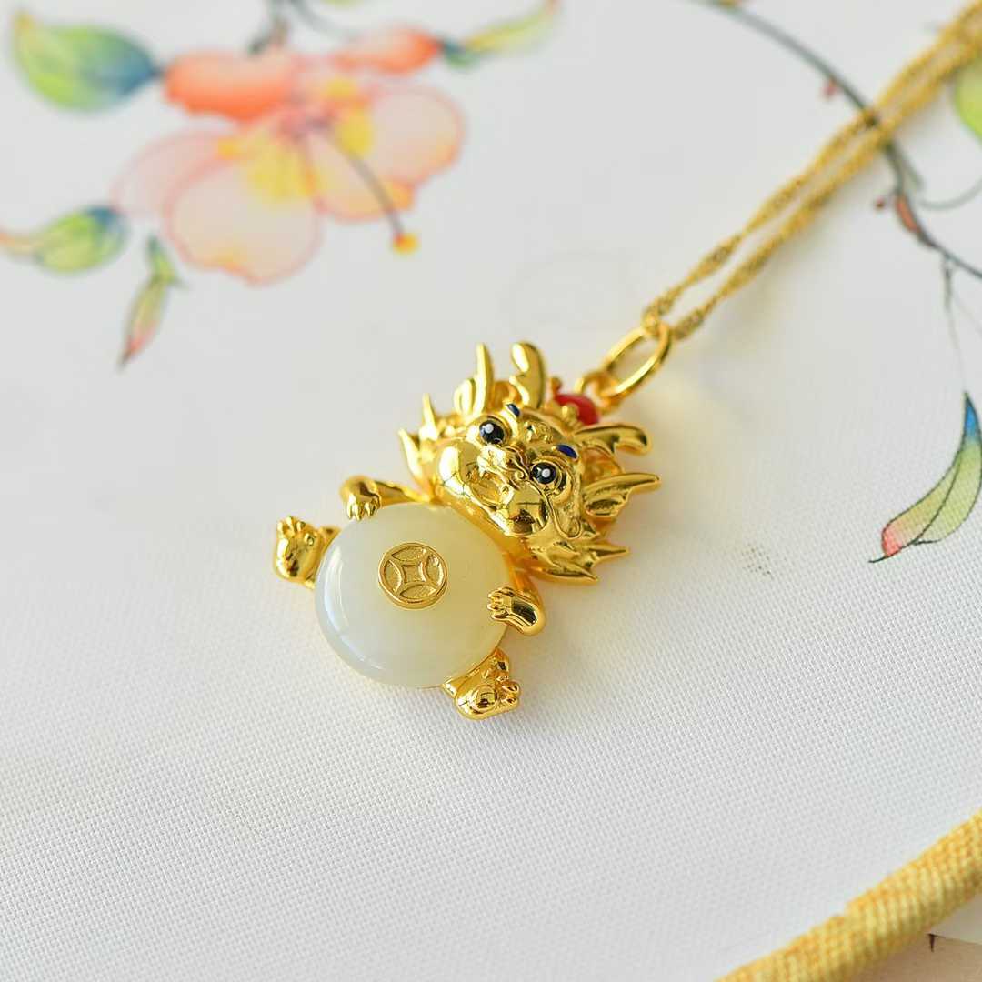 925 Silver Inlaid Nephrite "Ping An Kou" with "Flowing Wealth" Little Fortune Dragon Pendant - jewelry - weilin.com