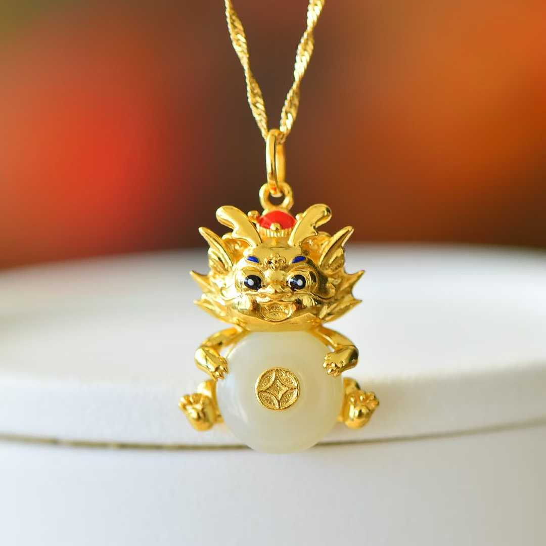 925 Silver Inlaid Nephrite "Ping An Kou" with "Flowing Wealth" Little Fortune Dragon Pendant - jewelry - weilin.com