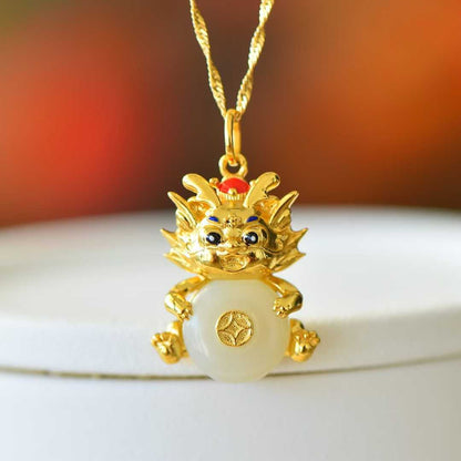 925 Silver Inlaid Nephrite "Ping An Kou" with "Flowing Wealth" Little Fortune Dragon Pendant - jewelry - weilin.com
