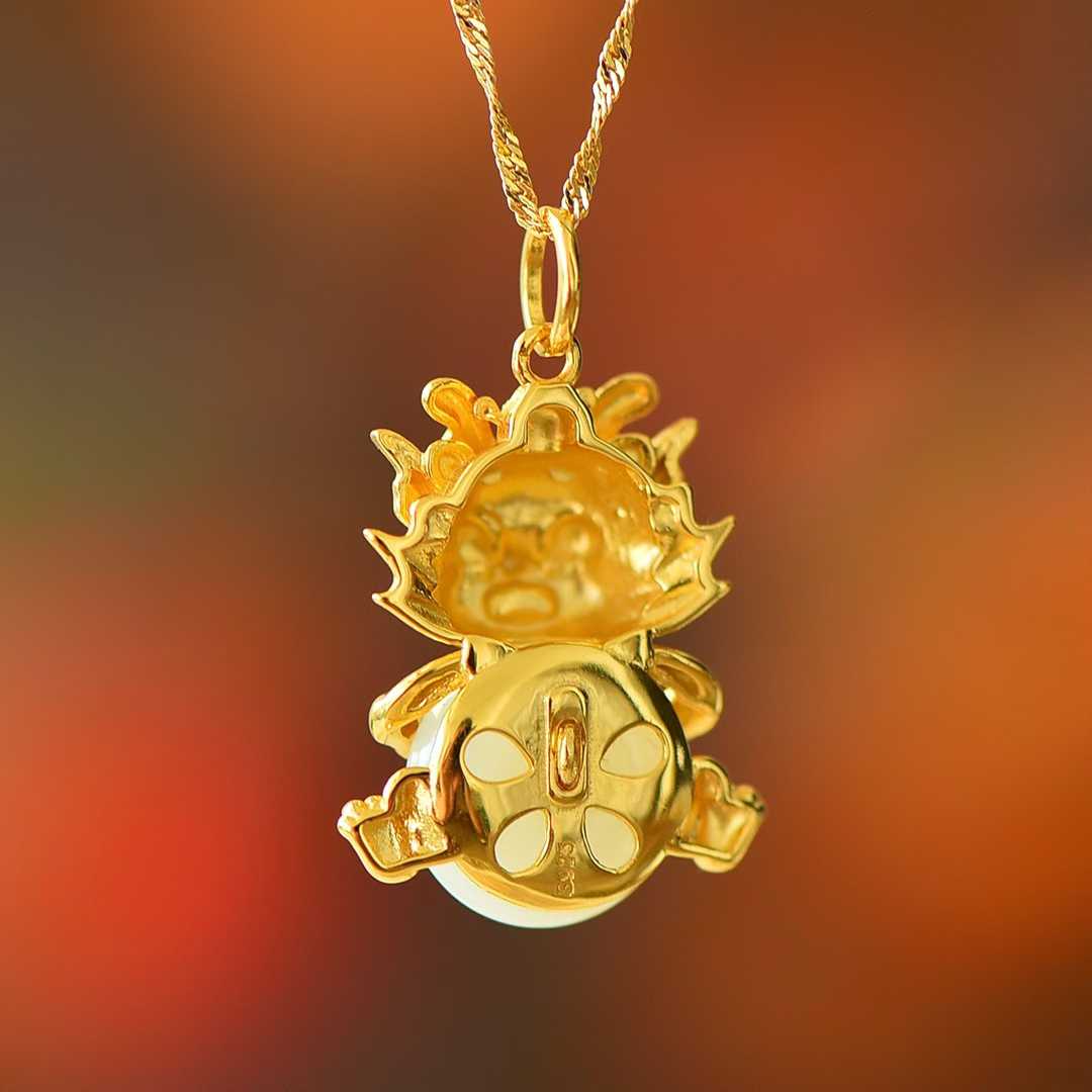 925 Silver Inlaid Nephrite "Ping An Kou" with "Flowing Wealth" Little Fortune Dragon Pendant - jewelry - weilin.com