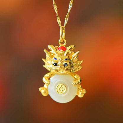 925 Silver Inlaid Nephrite "Ping An Kou" with "Flowing Wealth" Little Fortune Dragon Pendant - jewelry - weilin.com