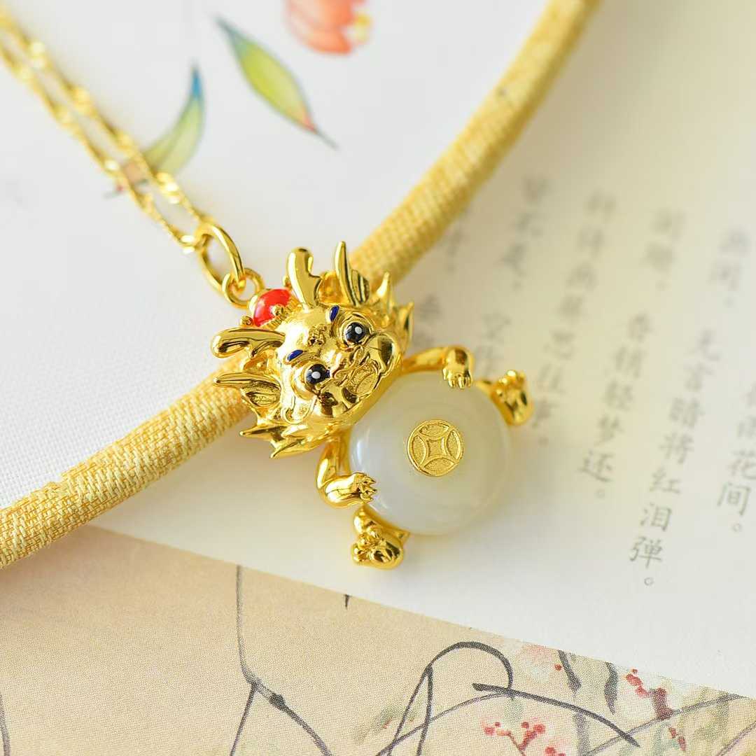 925 Silver Inlaid Nephrite "Ping An Kou" with "Flowing Wealth" Little Fortune Dragon Pendant - jewelry - weilin.com