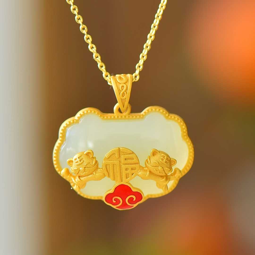 925 Silver Inlaid Nephrite "Ping Ruyi" Cute Tiger Pendant for Attracting Blessings - jewelry - weilin.com