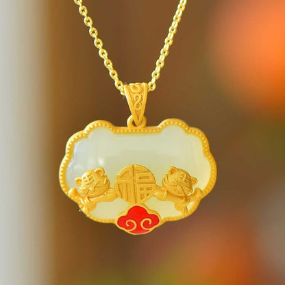 925 Silver Inlaid Nephrite "Ping Ruyi" Cute Tiger Pendant for Attracting Blessings - jewelry - weilin.com