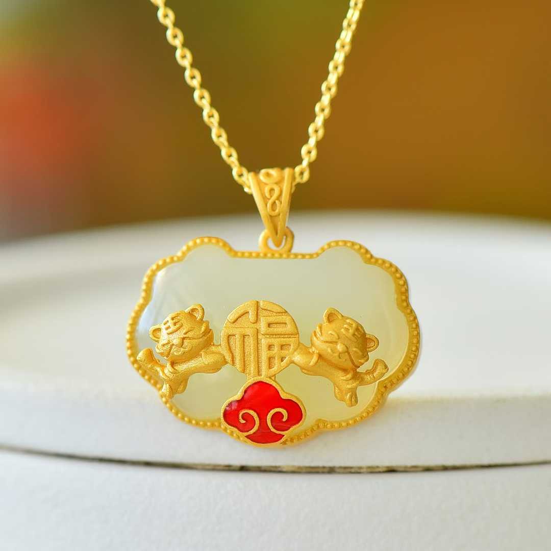 925 Silver Inlaid Nephrite "Ping Ruyi" Cute Tiger Pendant for Attracting Blessings - jewelry - weilin.com
