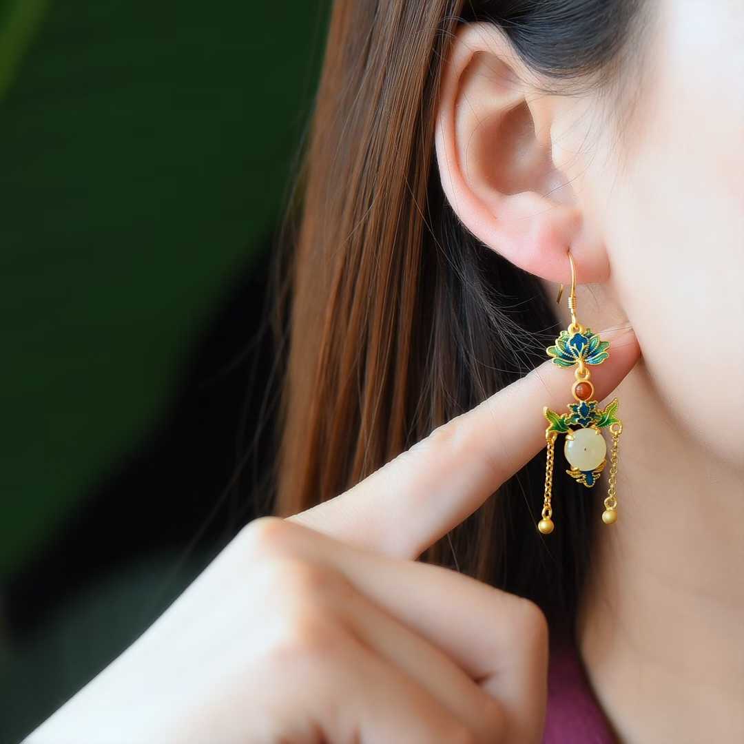 925 Silver Inlaid Nephrite Ping'an Buckle Enamel Earrings - jewelry - weilin.com
