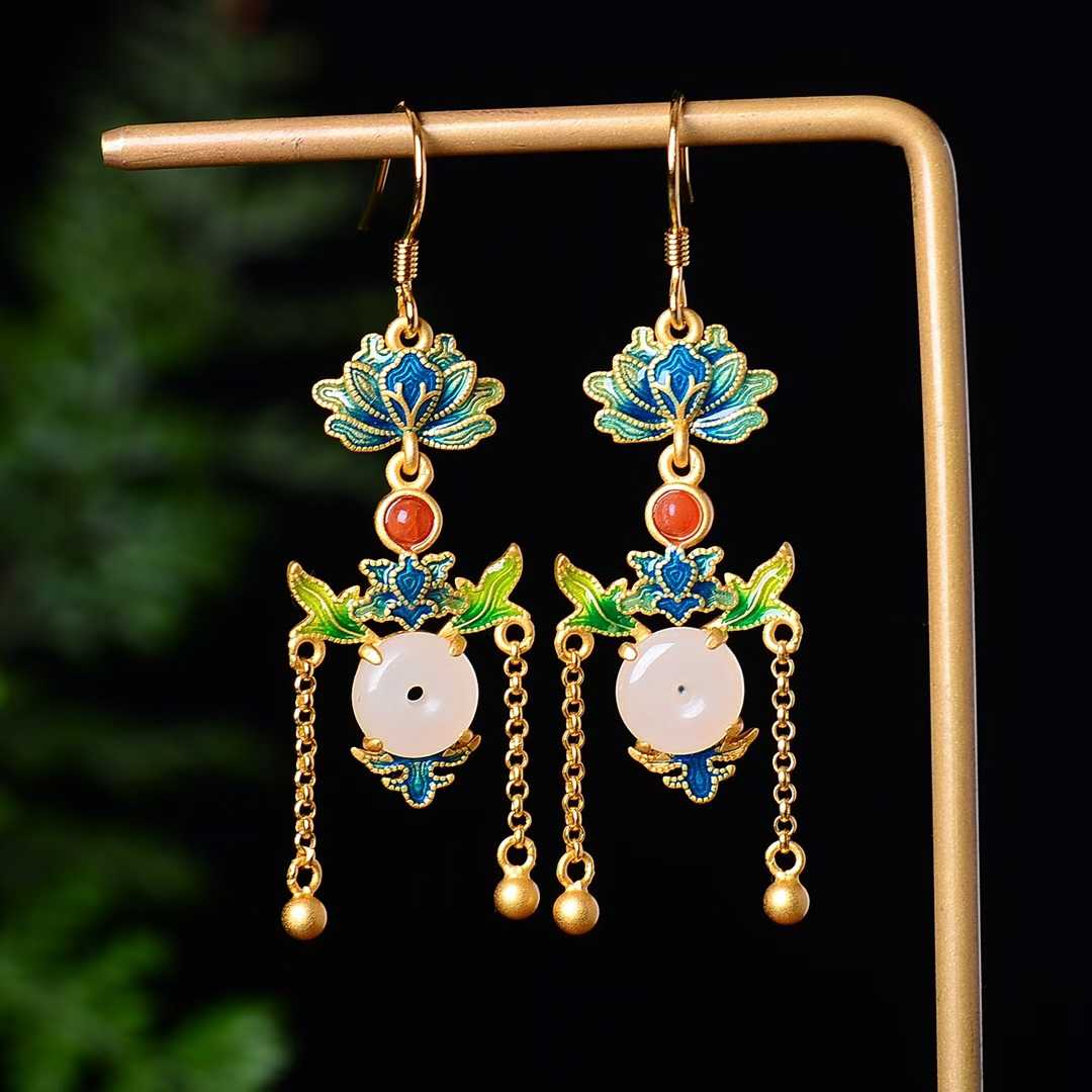 925 Silver Inlaid Nephrite Ping'an Buckle Enamel Earrings - jewelry - weilin.com