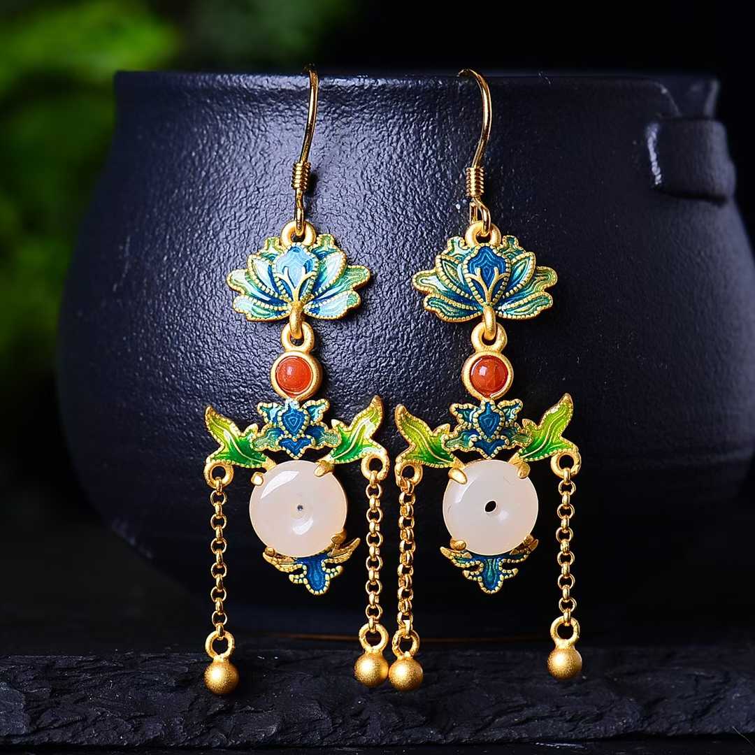 925 Silver Inlaid Nephrite Ping'an Buckle Enamel Earrings - jewelry - weilin.com