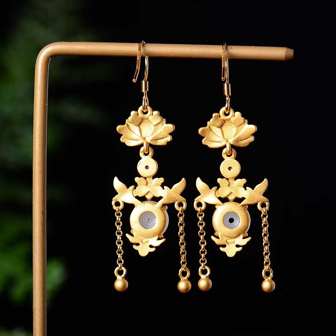 925 Silver Inlaid Nephrite Ping'an Buckle Enamel Earrings - jewelry - weilin.com