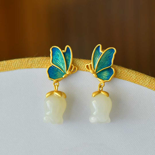 925 Silver Inlaid Nephrite Pomegranate Flower and Butterfly Earrings - jewelry - weilin.com