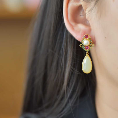 925 Silver Inlaid Nephrite "Precious as Ever" Teardrop Stud Earrings - jewelry - weilin.com