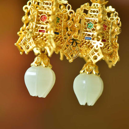 925 Silver Inlaid Nephrite "Qionglou Yuyu" Palace Lantern Earrings - jewelry - weilin.com