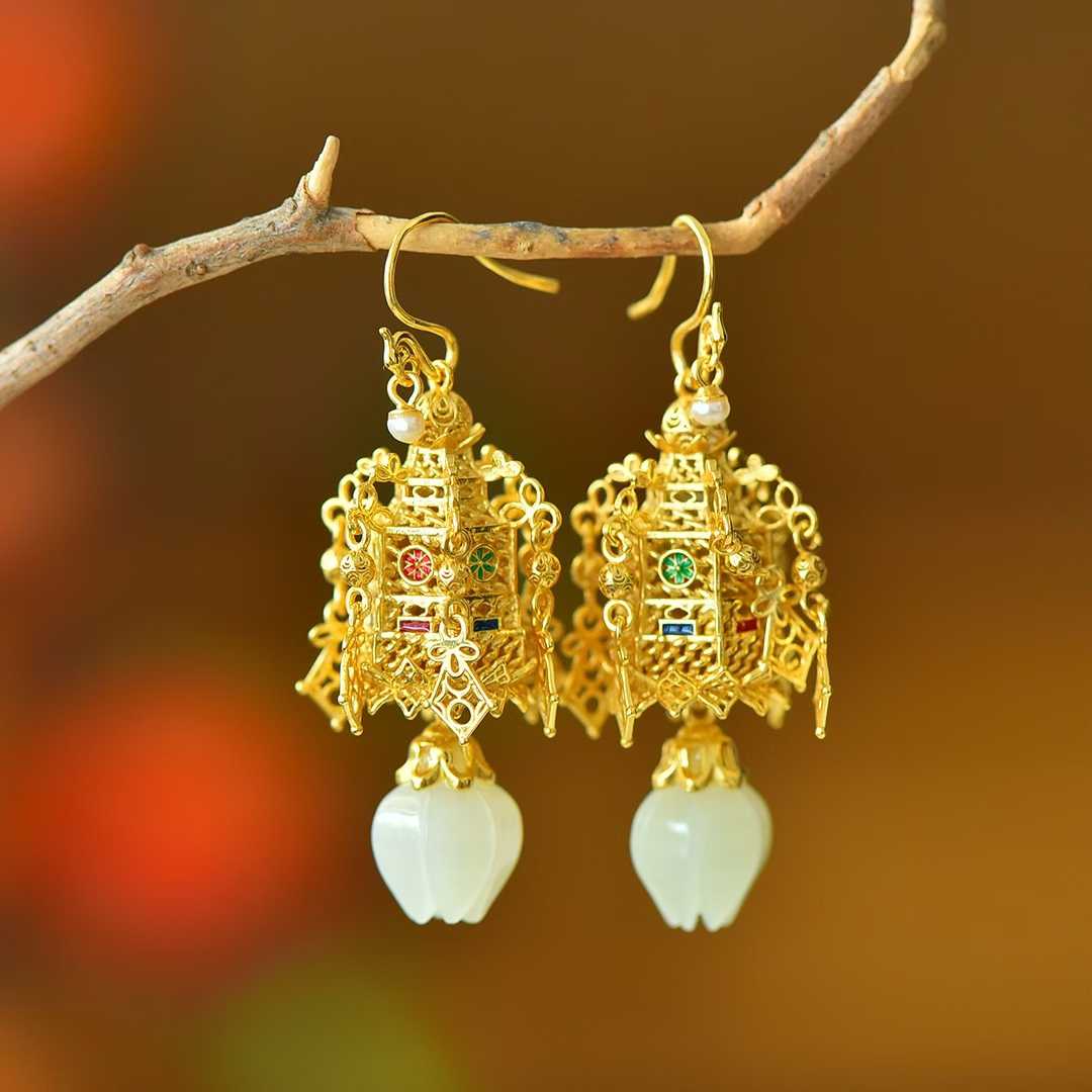 925 Silver Inlaid Nephrite "Qionglou Yuyu" Palace Lantern Earrings - jewelry - weilin.com