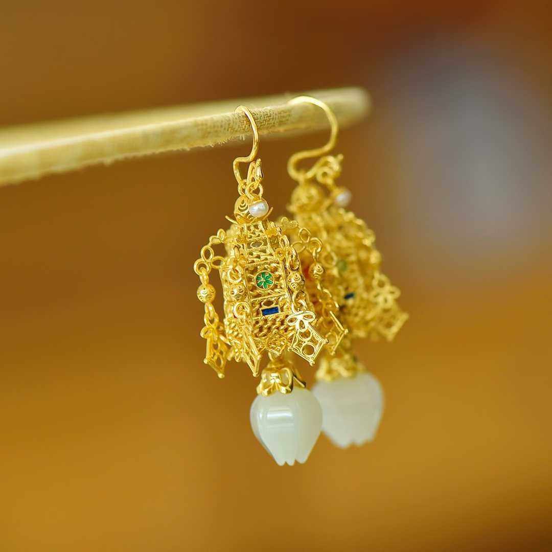 925 Silver Inlaid Nephrite "Qionglou Yuyu" Palace Lantern Earrings - jewelry - weilin.com