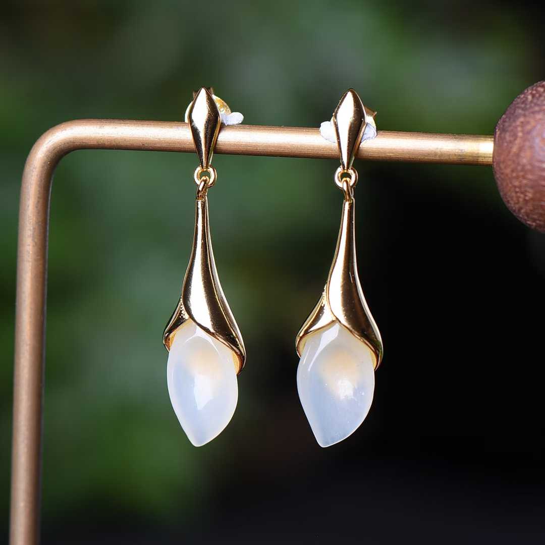 925 Silver Inlaid Nephrite Rose Earrings - jewelry - weilin.com