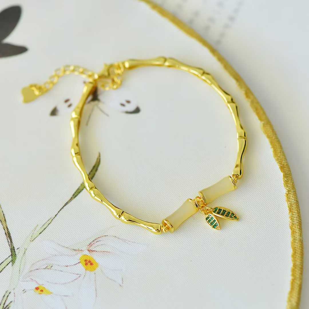 925 Silver Inlaid Nephrite "Steady Progress" Bamboo Joint Bracelet - jewelry - weilin.com