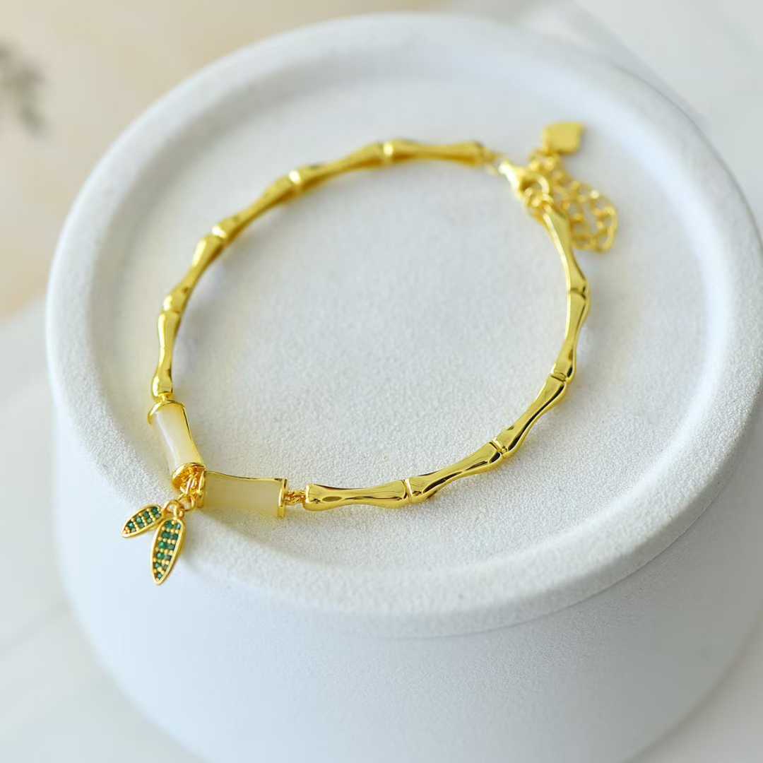 925 Silver Inlaid Nephrite "Steady Progress" Bamboo Joint Bracelet - jewelry - weilin.com