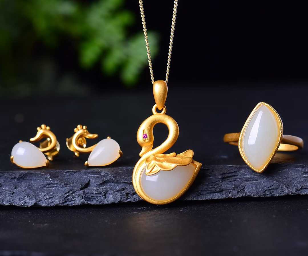 925 Silver Inlaid Nephrite Swan Jewelry Set - jewelry - weilin.com
