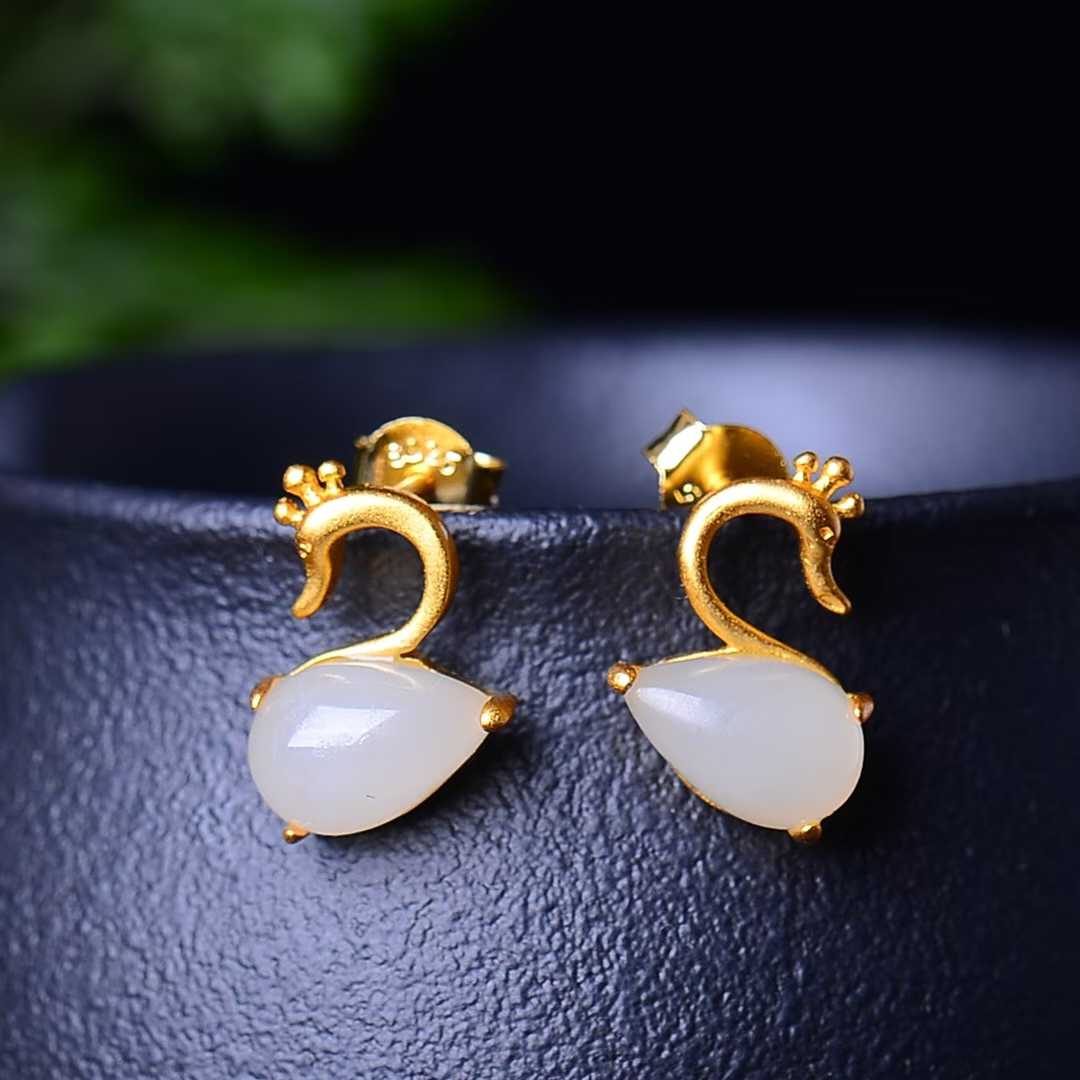 925 Silver Inlaid Nephrite Swan Jewelry Set - jewelry - weilin.com
