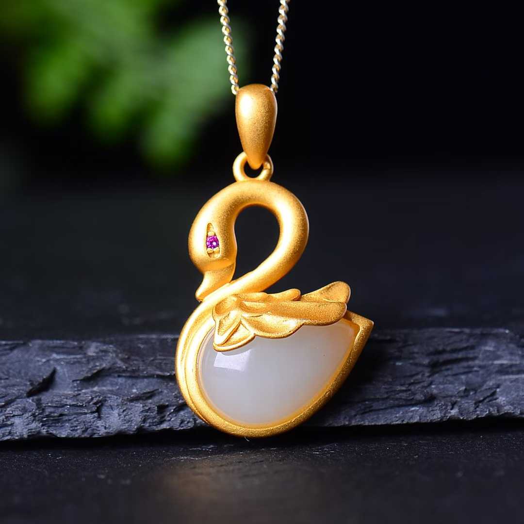 925 Silver Inlaid Nephrite Swan Jewelry Set - jewelry - weilin.com
