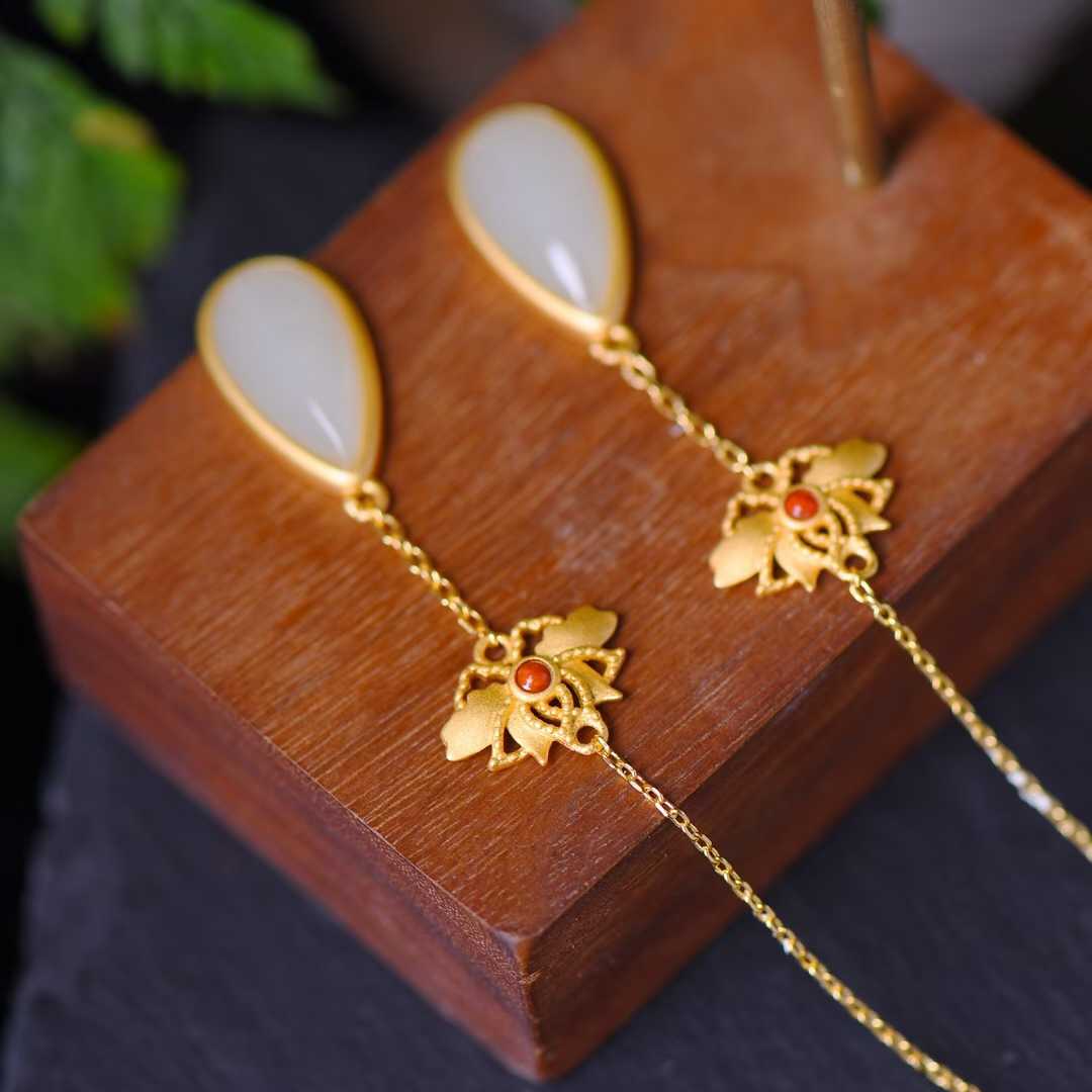 925 Silver Inlaid Nephrite Teardrop Ear Threads - jewelry - weilin.com