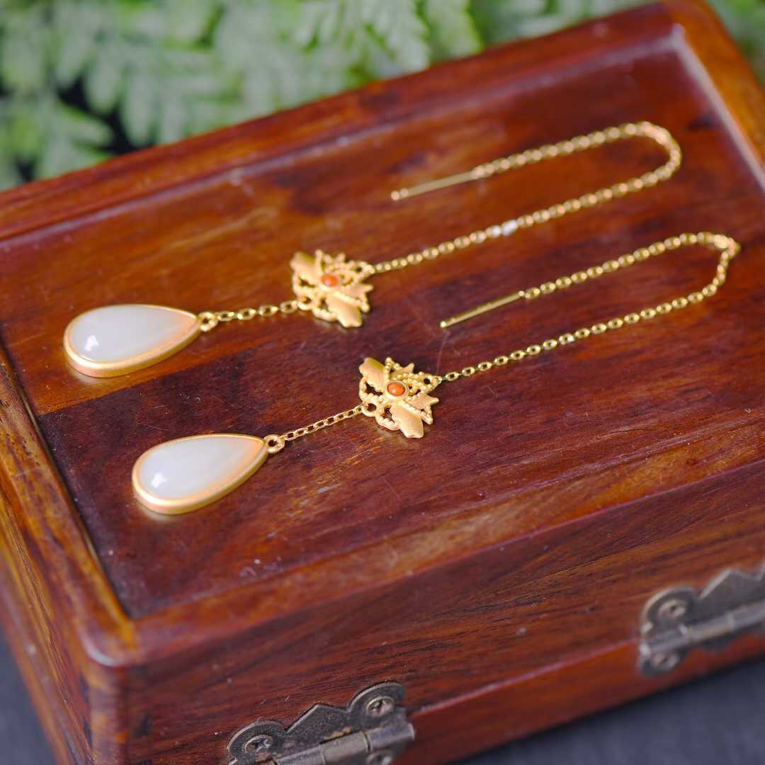 925 Silver Inlaid Nephrite Teardrop Ear Threads - jewelry - weilin.com