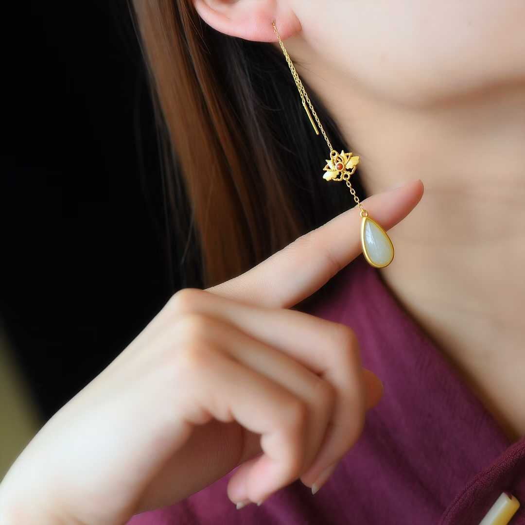 925 Silver Inlaid Nephrite Teardrop Ear Threads - jewelry - weilin.com