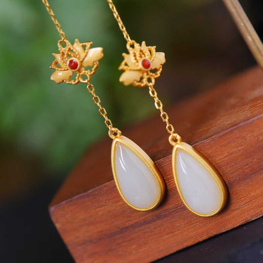 925 Silver Inlaid Nephrite Teardrop Ear Threads - jewelry - weilin.com