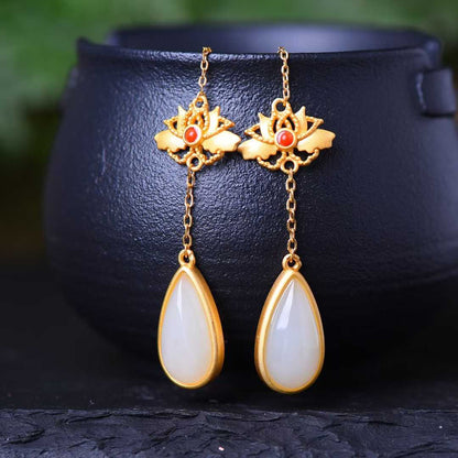 925 Silver Inlaid Nephrite Teardrop Ear Threads - jewelry - weilin.com
