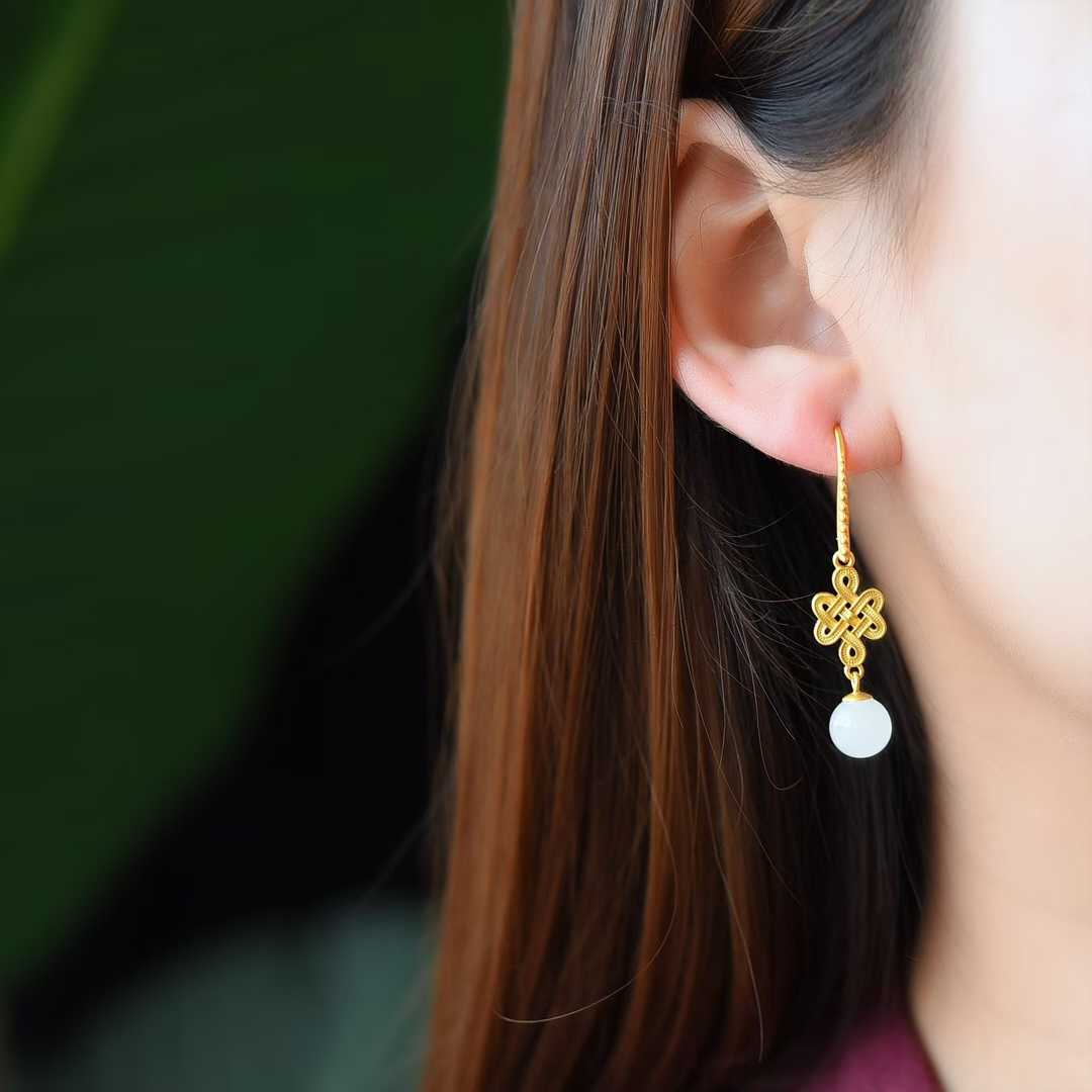 925 Silver Inlaid Nephrite Thick Matte Gold Earrings - jewelry - weilin.com