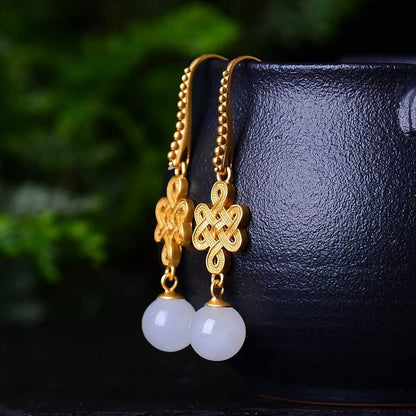 925 Silver Inlaid Nephrite Thick Matte Gold Earrings - jewelry - weilin.com
