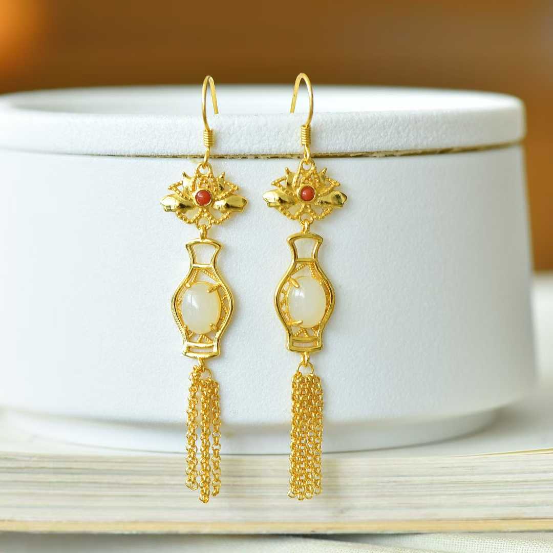 925 Silver Inlaid Nephrite Vase Earrings - jewelry - weilin.com