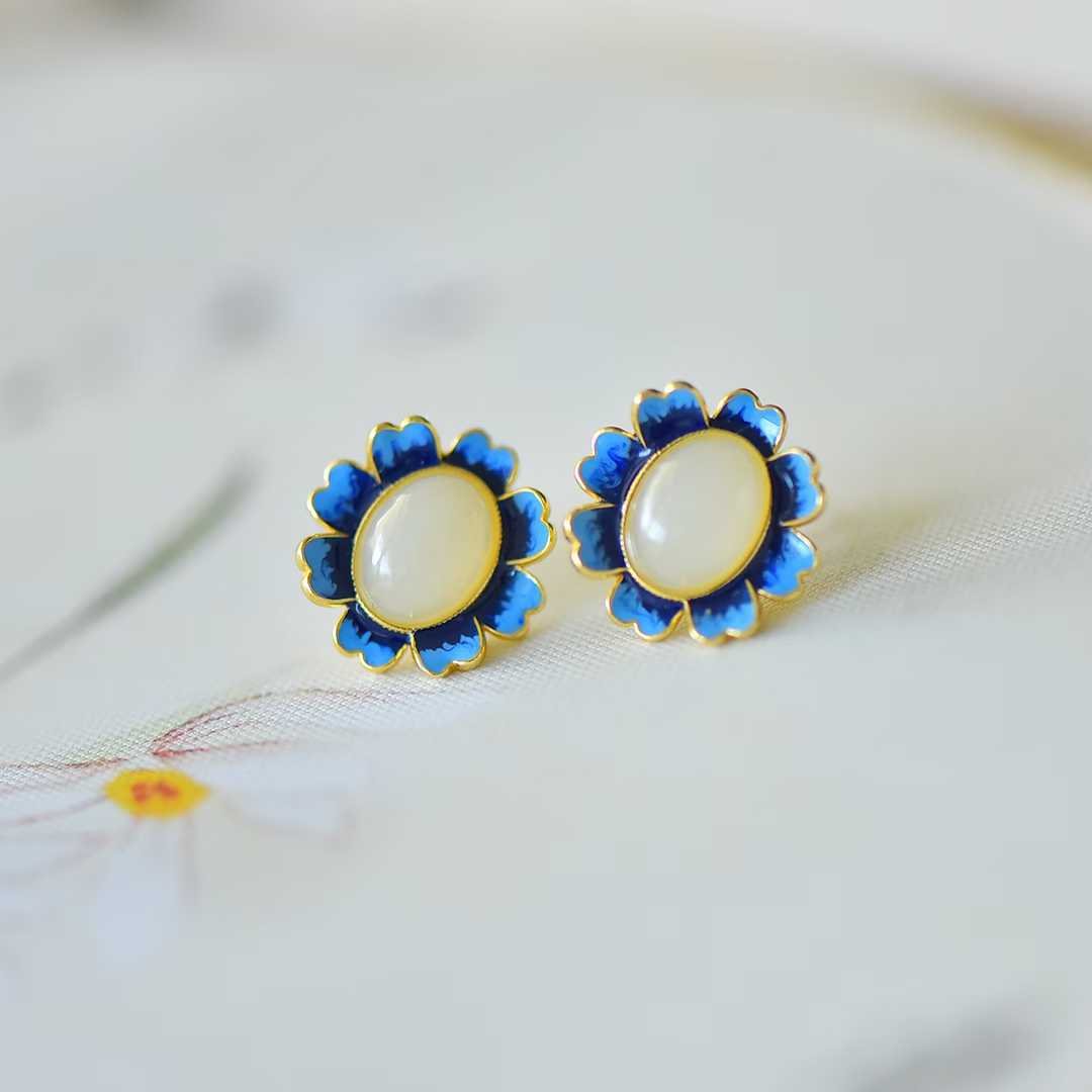 925 Silver Inlaid Nephrite "Whisper of Blue Flowers" Stud Earrings - jewelry - weilin.com