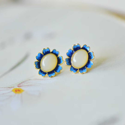 925 Silver Inlaid Nephrite "Whisper of Blue Flowers" Stud Earrings - jewelry - weilin.com