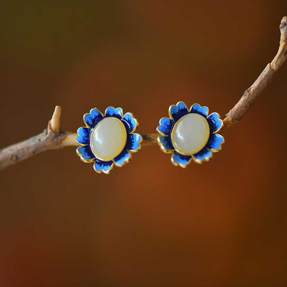 925 Silver Inlaid Nephrite "Whisper of Blue Flowers" Stud Earrings - jewelry - weilin.com