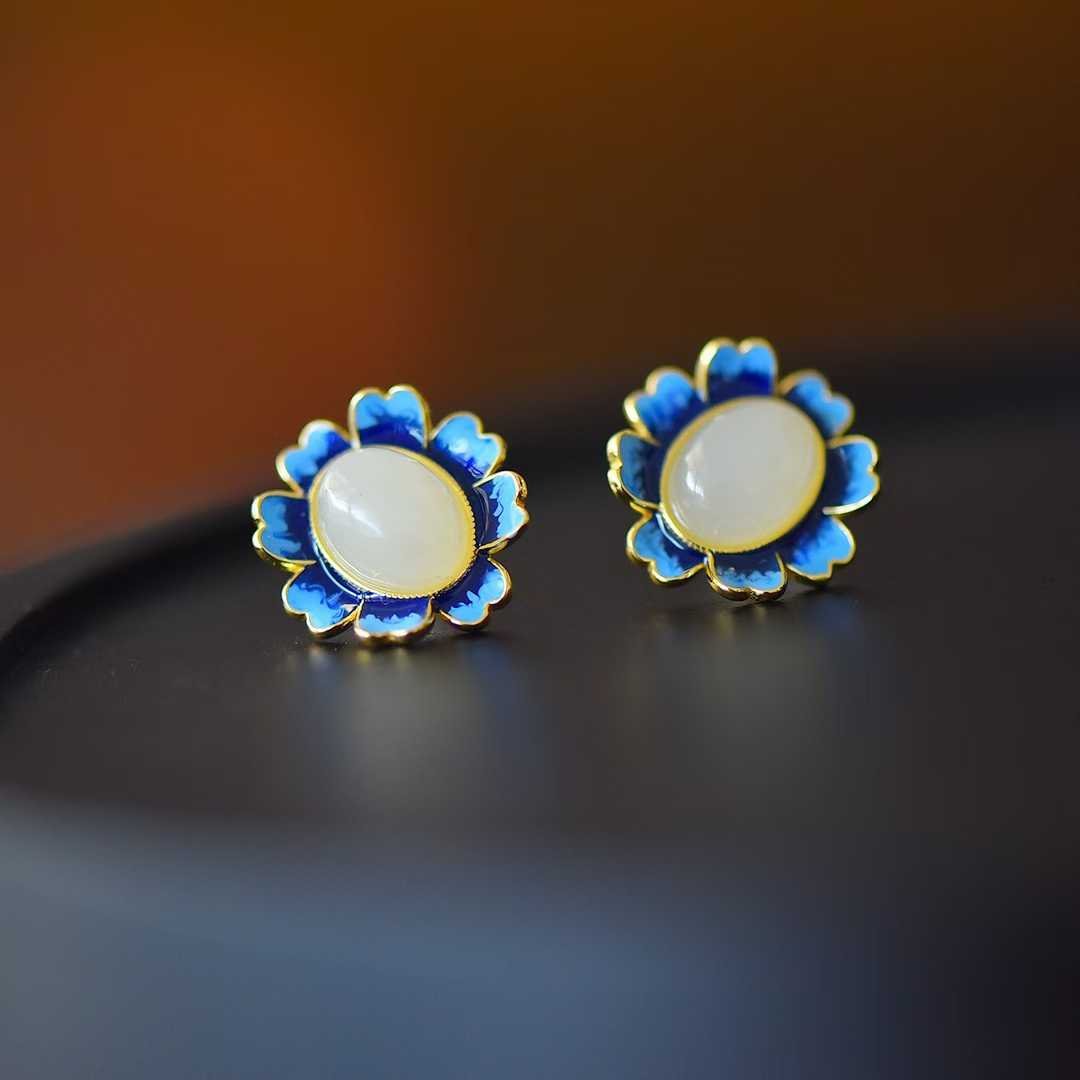 925 Silver Inlaid Nephrite "Whisper of Blue Flowers" Stud Earrings - jewelry - weilin.com