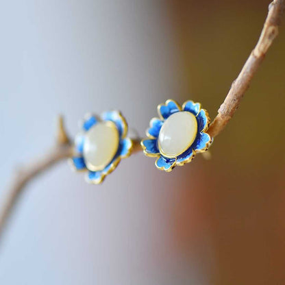 925 Silver Inlaid Nephrite "Whisper of Blue Flowers" Stud Earrings - jewelry - weilin.com