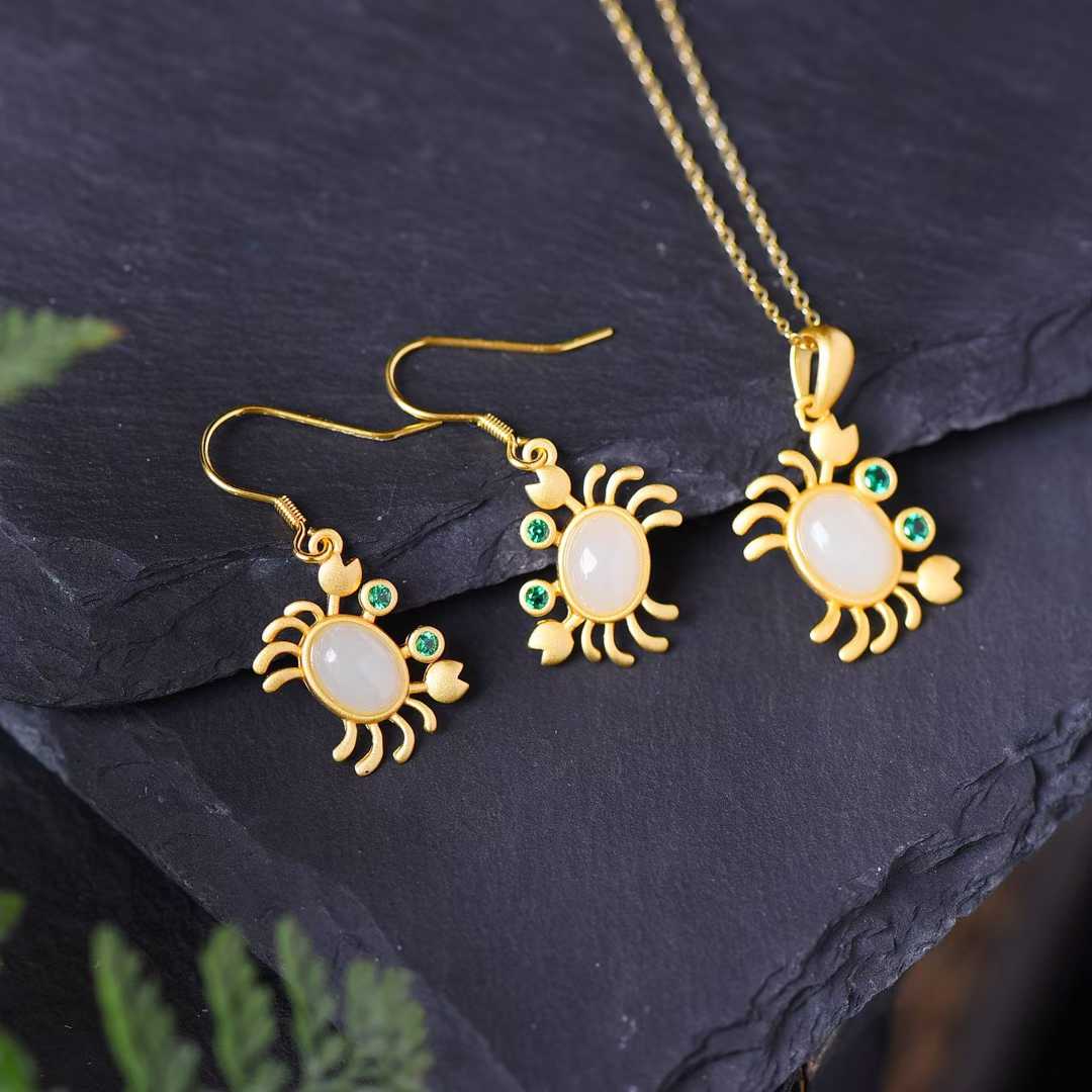 925 Silver Inlaid Nephrite with Thick Matte Gold Crab Set - jewelry - weilin.com