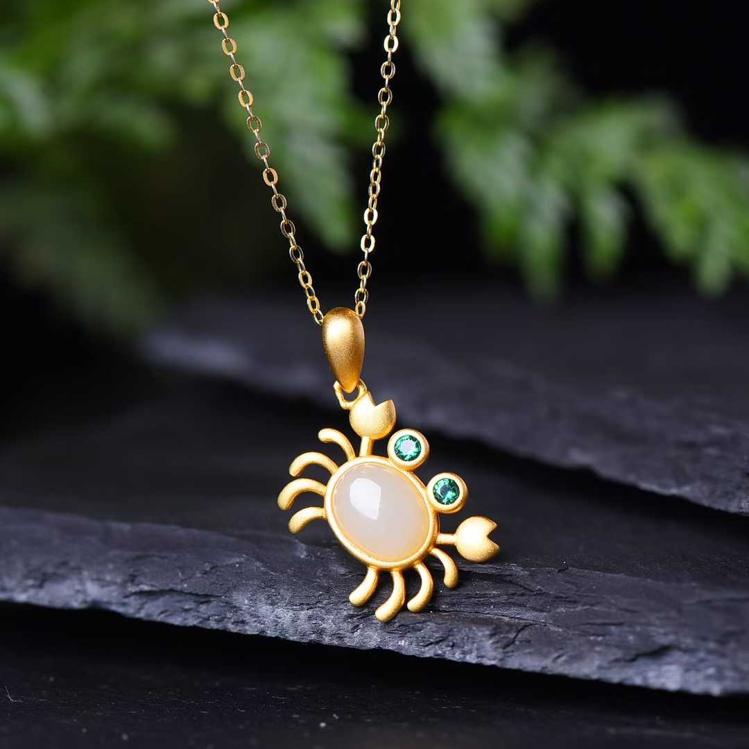 925 Silver Inlaid Nephrite with Thick Matte Gold Crab Set - jewelry - weilin.com