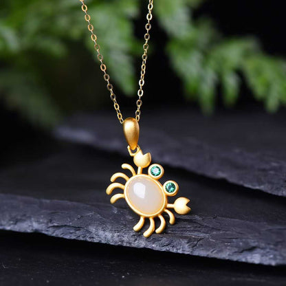 925 Silver Inlaid Nephrite with Thick Matte Gold Crab Set - jewelry - weilin.com