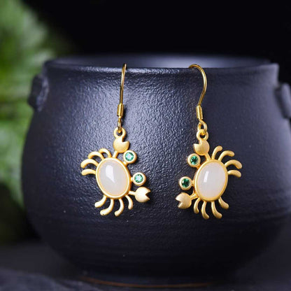 925 Silver Inlaid Nephrite with Thick Matte Gold Crab Set - jewelry - weilin.com
