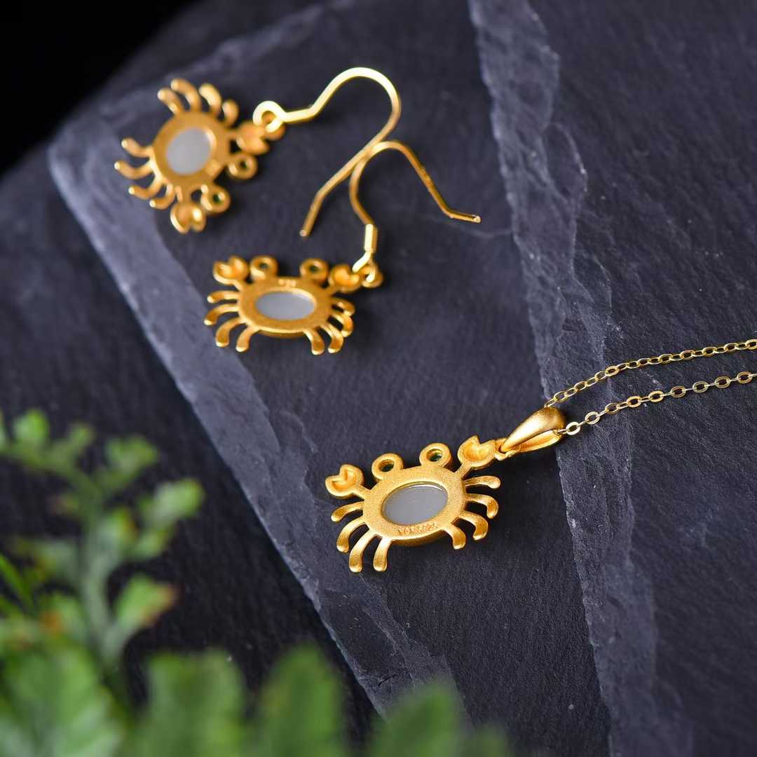 925 Silver Inlaid Nephrite with Thick Matte Gold Crab Set - jewelry - weilin.com