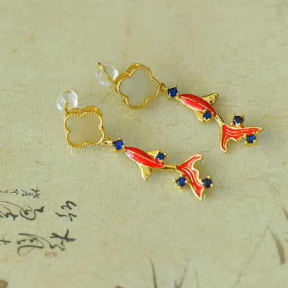 925 Silver Inlaid Nephrite "Year of the Fish" Four - Leaf Clover Stud Earrings - jewelry - weilin.com