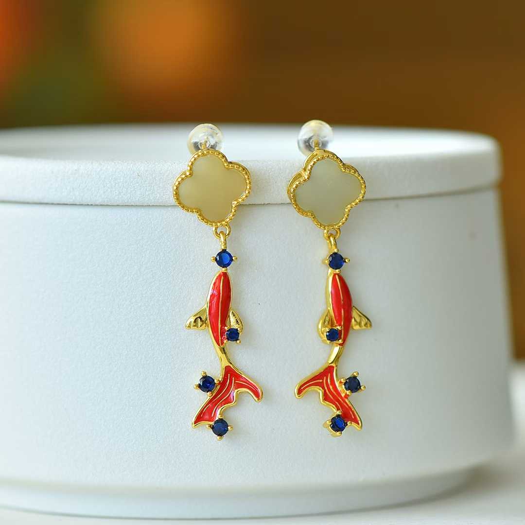 925 Silver Inlaid Nephrite "Year of the Fish" Four - Leaf Clover Stud Earrings - jewelry - weilin.com