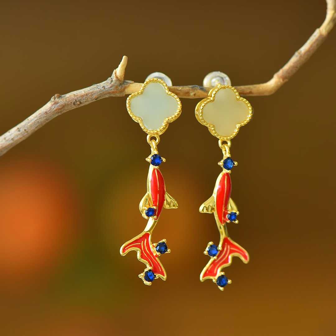 925 Silver Inlaid Nephrite "Year of the Fish" Four - Leaf Clover Stud Earrings - jewelry - weilin.com
