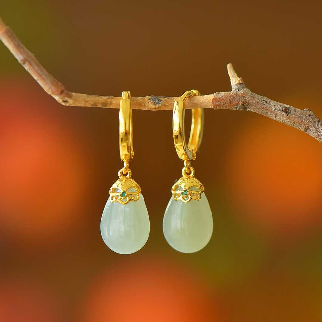 925 Silver Inlaid Qinghai White Nephrite "Golden Breeze & Jade Dew" Teardrop Stud Earrings - jewelry - weilin.com