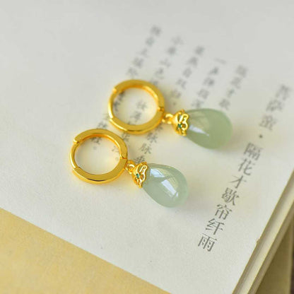 925 Silver Inlaid Qinghai White Nephrite "Golden Breeze & Jade Dew" Teardrop Stud Earrings - jewelry - weilin.com