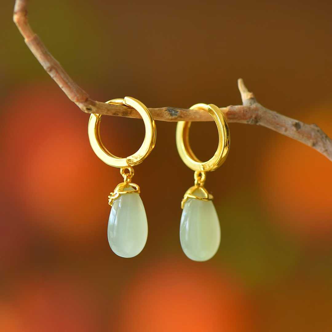 925 Silver Inlaid Qinghai White Nephrite "Golden Breeze & Jade Dew" Teardrop Stud Earrings - jewelry - weilin.com