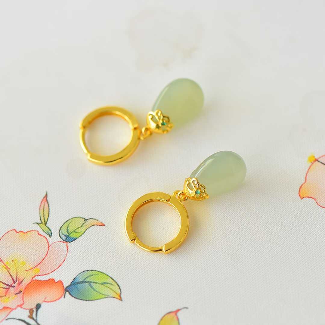925 Silver Inlaid Qinghai White Nephrite "Golden Breeze & Jade Dew" Teardrop Stud Earrings - jewelry - weilin.com